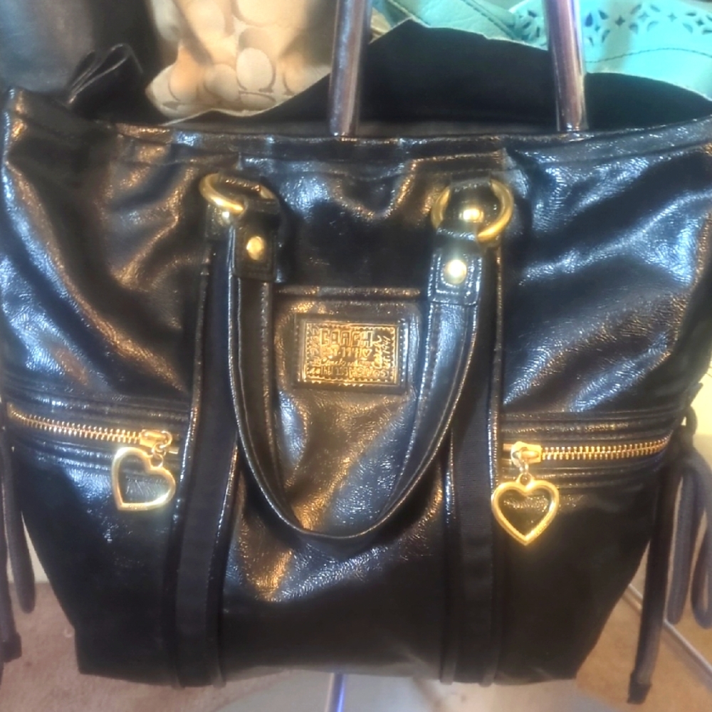 Black Leather vintage Coach Tote Bag with Gold Accents